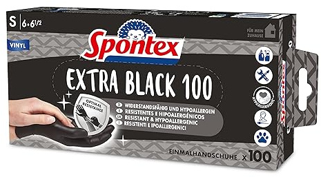 Spontex Extra Black - Guantes desechables de vinilo, sin polvo y sin látex, versátiles, en práctica caja dispensadora, talla S, paquete de 100 unidades, color negro