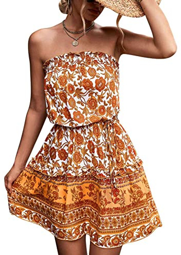 Abito Senza Spalline da Donna, Abito a Tubino a Fascia Vintage da Donna, Abito Corto Estivo con Stampa Floreale da Donna, Abito a Spalle Scoperte con Orlo Allentato Dolce Ed Elegante per lo(M-arancia)