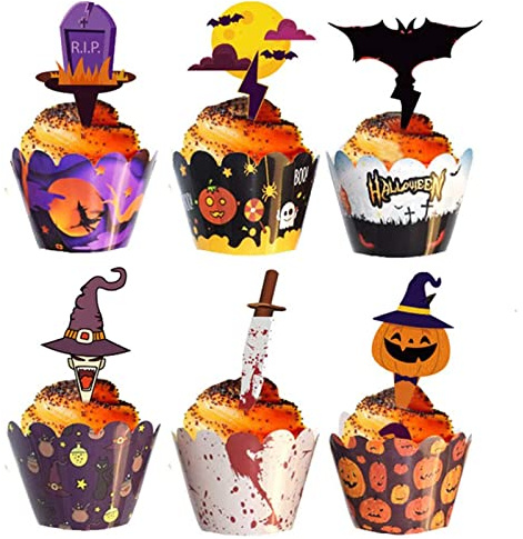 SIMEIXI 48 Pezzi topper per cupcake di Halloween, in carta per cupcake, decorazione a pipistrello, decorazione di zucca, decorazione per Halloween o feste di compleanno