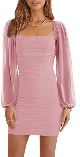 Wenrine Mini robe moulante en maille à manches longues et col carré pour femme