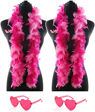 db11 2 Pcs Feather Boas with Heart Rimless Sunglasses，4 ft Feather Boa Halloween Christmas Bachelor Party Pack Accessory (Pink Mix)