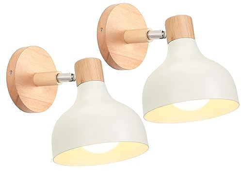 iDEGU Lot de 2 Applique Murale Interieure Rétro 15CM Lampe Murale Réglable en Bois Métal E27 Luminaire Industriel Spot LED Plafonnier Vintage Éclairage Mural pour Salon Chambre Restaurant (Blanc Mat)
