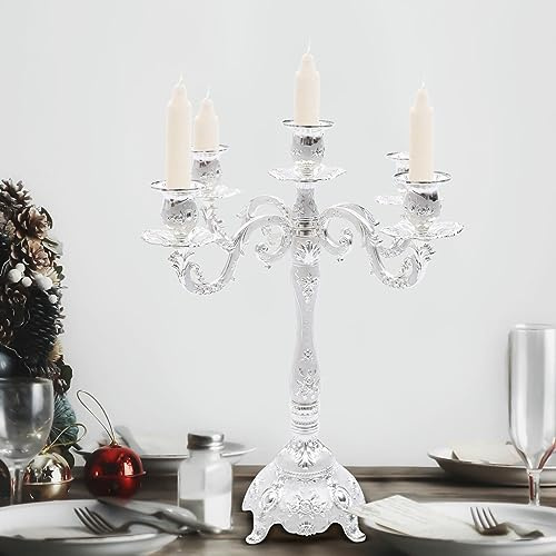 Headery Elegant 14.56”H Mental Tall Candelabra,5 Arm Candle Holder Candlestick Holder, Taper Candle Holder with Three-Dimensional Carving for Wedding Dinner Party Chrismas Ceremony Home Decor(Silver)