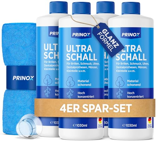 PRINOX Ultraschallreiniger Konzentrat 4x 1030ml inkl. 2x Mikrofasertuch I Extrem ergiebig für 700 Bäder je Flasche - Für Brille, Schmuck, Gebiss, Kleinteile - Ultraschallgeräte, Ultraschallbad