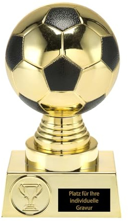 Fußball Pokal Trophäe 16,5 cm - Goldener Siegerpreis mit Gravurplatte | Individueller Award aus Kunststoff für Turniere und Vereine, fertig montiert als Ehrenpreis oder Geschenk für Fußballer.