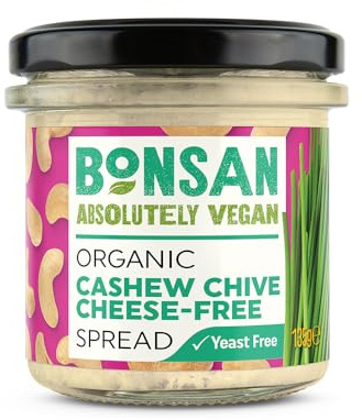 Bonsan Organic Cashew Chive Cheese-Free Spread 135g, Pack of 6 - Vegan Cream Cheese Alternative - Made From Cashews & Fragrant Chives - Yeast Free & GMO Free - For Sandwiches & Dipping