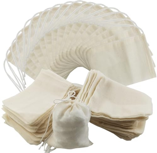 RONYOUNG 60PCS 3”X4” Reusable Drawstring Cotton Tea Bags - Cheesecloth Bags for Straining, Muslin Bags, Sachet Bags, Soup Bags, Coffee Tea Bone Broth Brew Bags