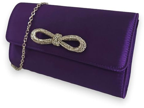Pochette da sera in raso con fiocco e strass, ideale per spose e balli studenteschi, Viola, medium