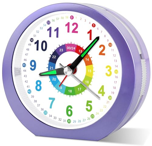 DTKID Wecker Kinder, Kinderwecker Ohne Ticken mit Snooze und Nachtlicht, Analoger Wecker für Jungen und Mädchen, Lernwecker Kinder, Batteriebetrieben (Lila WeiB)