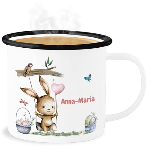 Emaille Becher Blechbecher - Ostergeschenke - Hase Süß Kinder personalisiert I Osterhase - 300 ml - Weiß Schwarz - tasse ostern oster name osterhasen bunny easter hasen osterngeschenke häschen