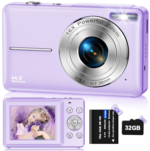 Digitalkamera Fotokamera HD 1080P 44MP, Fotoapparat mit 32GB Speicherkarte, Wiederaufladbare Kamera fotokamera mit 16X Digitalzoom digicam für Kinder, Erwachsene, Mädchen, Jungen(Lila)