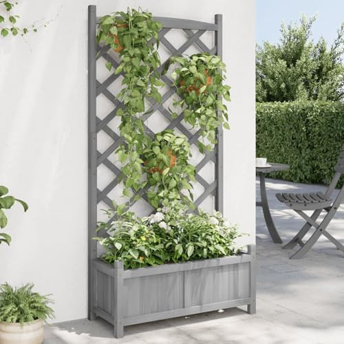 Swpsd Fir Wood Raised Bed Planter with Trellis Grey 75 x 35 x 150 cm Outdoor Rustic Traditional