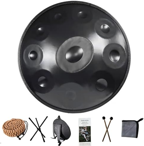 Harmonic Handpan Drum, 440 Hz Handpan-Drum-Instrument,D-Moll 9/10/12 TöNe 22 Zoll Stahl with Handpan Stand, Handpan Case, Durable Mallets and Dust-Free Cloth, für Klangheilung (Black, 10 Notes)
