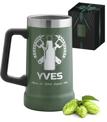 Maverton Mug Isotherme Personnalisable Vert 700 ml, Verre a Biere en Inox | Gobelet avec Anse, Idee Cadeau Homme, Cadeau Personnalisé pour Amateur de Bière avec prénom gravé Homme barbu