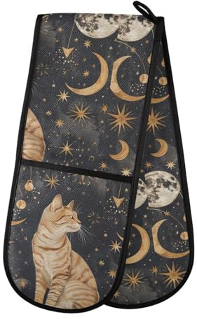 Doppelte Ofenhandschuhe, Mond, Stern, Katze, hitzebeständig, Topflappen, Ofenhandschuh, Handschuhe für Grillen, Kochen, Backen, Grillen, Mikrowelle