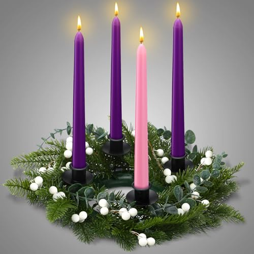 Ziliny Corona dell'Avvento con 12 candele coniche per l'avvento in pino con bacche bianche e portacandele, set di decorazioni tradizionali cattoliche per l'avvento