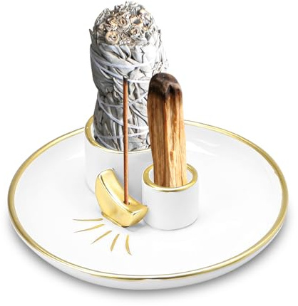 PRITOK Ensemble 4 En 1 Plateau d'Encens: Porte-Encens en Céramique, Plateau Pour la Méditation, Support Pour Palo Santo Adapté à Tout Encens, Blanc (15,2 cm x 15,2 cm x 4,5 cm)