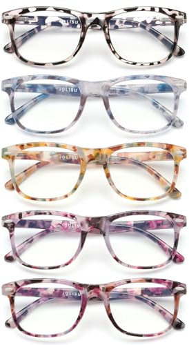 JOLISU Lot de 5 lunettes de lecture pour femmes - Lunettes de lecture élégantes bloquant la lumière bleue - Lunettes de vue pour femmes et hommes avec charnières à ressort（1.00）