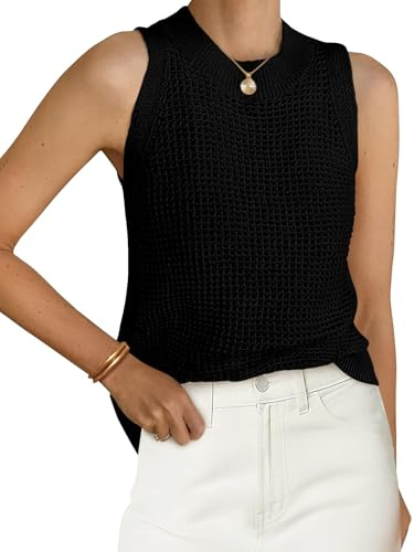 PRETTYGARDEN Summer Crochet Tank Tops for Women 2026 Casual Crewneck Hollow Out Loose Knit Sleeveless Sweater Vest Top Trendy(Black,Medium)