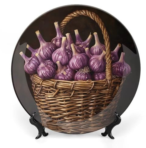 GHEPSDW Garlic in Flower Basket Decorative Plates Bone China Plate for Display Ceramic Dinner Plates for Table Dessert Plate with Display Stand for Home Decoration Living Ornament 6inch