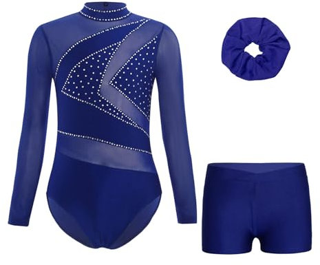 Agoky Mädchen Turnanzug Mesh Streifen Gymnastikanzug mit Glänzend Strass Langarm Body mit Kurze Hose Tanz Shorts Haargummi Eiskunstlauf Anzug Navy blau 146-152