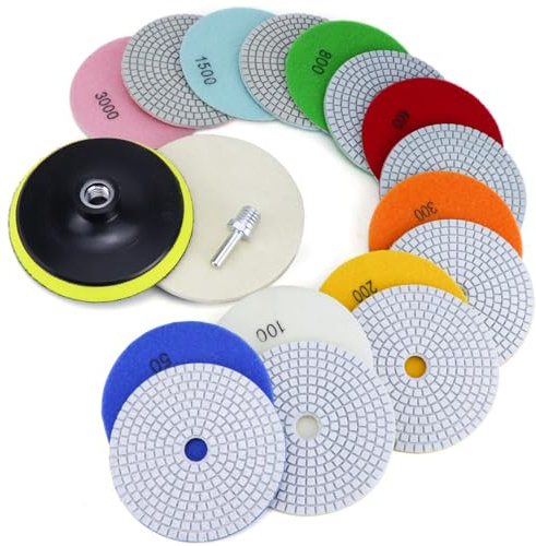 Diamond Polishing Pads 5 Inch with 5/8’’-11 Hook & Loop Backing Pads, 10pcs Wet/Dry Concrete Polish Tools Kit for Drill, Grinder, Polisher, 50-3000 Grit Polishing Set for Marble Granite Quartz Stone