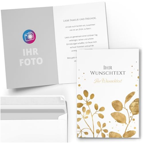 10 personalisierte Grußkarten Party Geburtstag Einladung Danke Karten mit eigenem Text und Foto - Individuell anpassbare Karte Klappkarte mit Umschlag 03 Gold Look