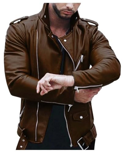 Giacca Ecopelle Uomo, Pu Bomber Moto Slim Fit Colletto Casual con Cerniera Cappotto Antivento Giacca a Vento Soft Touch Classico Giubbotto Chiodo Giacca Leggera Faux Leather Jacket