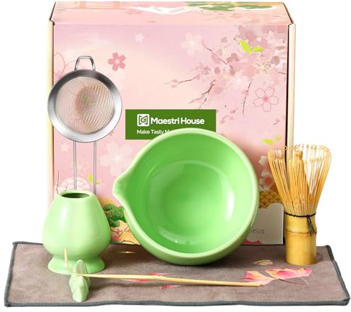 Maestri House Matcha Whisk Set, 7-Pc Complete Matcha Kit with Spouted Ceramic Bowl, Bamboo Whisk and Holder, Scoop, Spoon Rest & Sifter, Tea Cloth – Ideal Gift for Matcha Lovers (Green)