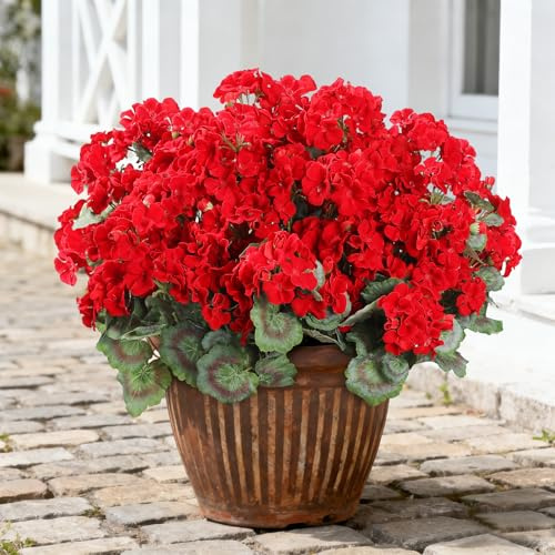 LEUCHTAMOR 6 Bundles Artificial Geranium Flowers, 40cm Red Fake Flowers with 30 Flower Heads, Velvet Fabric Blooms, UV Resistant Outdoor Plants for Window Boxes, Hanging Baskets Garden Decor