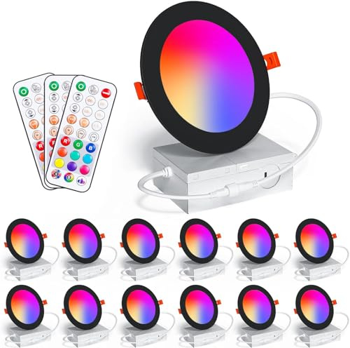 Recessed Lighting 4 Inch RGBCW Color Changing 12W LED Downlights with Junction Box,1080Lumens Canless LED Recessed Ceiling Lights Dimmable by Remote Control,Memory,Timer,Delayed Off,3 Modes, 12Pack
