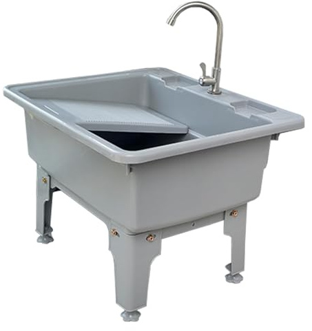 DYUNCZ Fregadero Exterior Jardin, Pila Lavadero con Tabla de Lavar, Fregadero de Lavandería de Plástico Independiente con Desagüe y Grifos(Gray,80x58x43cm)