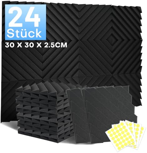 24 Stück Akustikschaumstoff Schalldämmung, 2.5 X 30 X 30CM Achallschutzplatten Akustikpaneele, Schallschutz Schallschutzplatten, Hochdichte Schalldämmung Akustikplatten für Gaming Zimmer und Büro