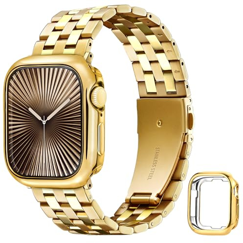 wipalor Wide Stainless Steel Strap with Case for Apple Watch Straps Men 45mm 44mm 42mm(Series 3 2 1), Bold Metal iWatch Band and Cover for Apple Watch Strap Series 9 8 7 6 5 4 3 2 1 SE, Gold