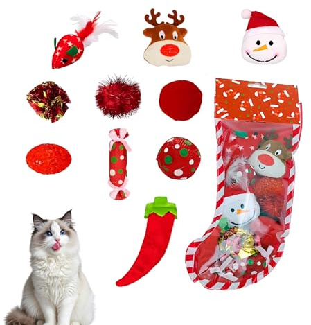 Liebesblume Katzenspielzeug Weihnachten Set, 10 Stück Interaktives Katzenspielzeug mit Maus, Plüschball, Elch, Weihnachtsmann und Bonbon, Spielzeug für Katzen Training und Kauen, Haustiere