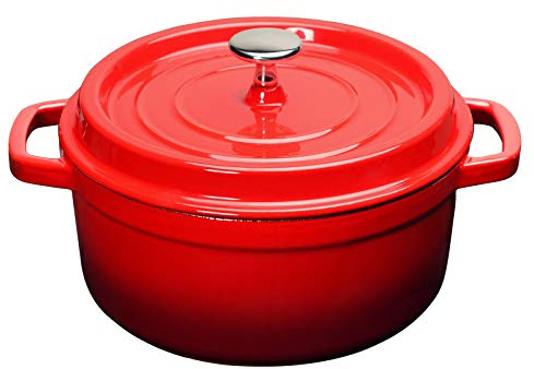 Fyearfly Enamel Stockpot Iron Pot with Lid, Dual Loop Handle, Cast Iron, Red, 22cm
