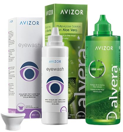 Eyewash 250ml + Alvera 350ml Pack: Baño Ocular y Solución Única para Limpieza y Confot de Lentes de Contacto