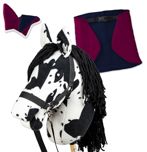 SKIPPI Set Hobby Horse Pío Negro con Manta y Orejeras - Fucsia y Azul Marino, A3 Gran Caballo de Palo y Hobby Horse Accesorios, Cabestro, Riendas, para Hobby Horsing