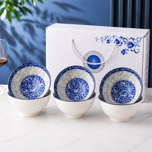 WITFAMILY【6er Set Blaue-Weiße Suppenschalen 12cm - Porzellan Schüssel Set Keramik, Geschirr für Müsli, Salat & Dessert, Mikrowelle & Spülmaschine sicher, Chinesisches Design - Geschenk