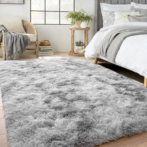 ANJIAJIE Hochflor Teppich Flauschig 80 x 120 cm Hochflor Langflor Weich Modern Unifarben Flauschig Extra Weicher Shaggy Teppich rutschfest für Schlafzimmer Küche Geeignet, Hellgrau