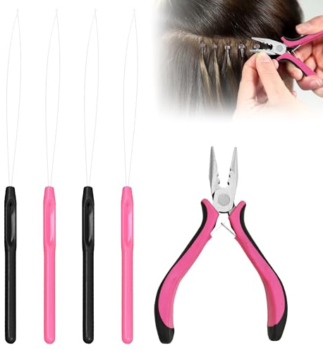 Nano Hair Extension Tools Kit, Hair Extension Plier & Loop Threaders, 5Pcs | 1 Hair Extension Plier, 4 Loop Threaders, Nano Bead Tool, For Hair Feather Extensions & DIY Beaded Craft