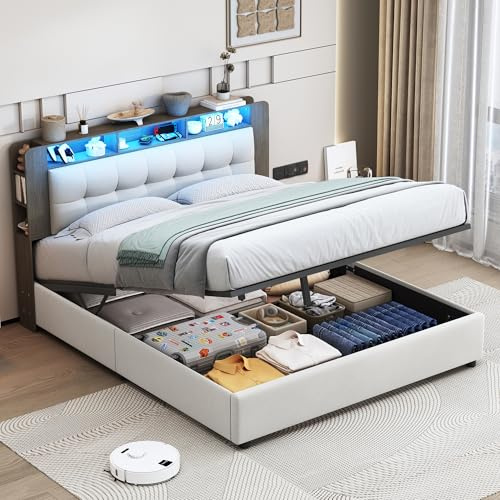 BSCFHCZ Polsterbett 140x200 mit Hydraulischem Stauraum, Doppelbett mit LED und USB Ladestation, Jugendbett 140x200 cm, Bettgestell mit Lattenrost, Stauraumbett, Samtmaterial Beige, Ohne Matratze