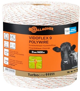 400 m Gallagher Weidezaunlitze Vidoflex 9 TurboLine (weiß) - Elektrozaun Litze - Geeignet für Rinder, Schafe, Rehe & Hirsche, Schweine, Wildschweine, Ziegen - UV-stabil und verdrehsicher -