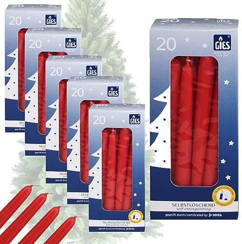 Gies Kerzen Set | 100 Stück selbstlöschende Baumkerzen | 12,4 cm x 1,2 cm Rot | Handgetauchte Qualität