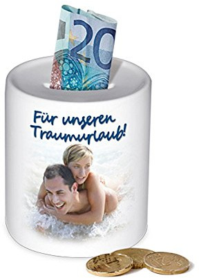 Spardose mit Foto Bild Motiv und Text Spruch oder Namen selbst gestalten und bedrucken ✓ Sparbüchse als Gerschenkidee ✓ Kaffeekasse ✓ Sparschwein ✓ Gelddose ✓ Urlaubskasse aus Keramik