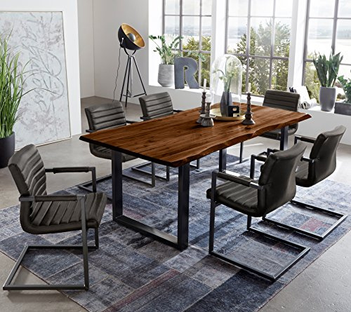 SAM 7 TLG. Essgruppe Quintus, Baumkantentisch 180x90 cm, Akazie-Holz nussbaumfarben, Gestell schwarz, 6X Schwingstuhl Parzivo anthrazit