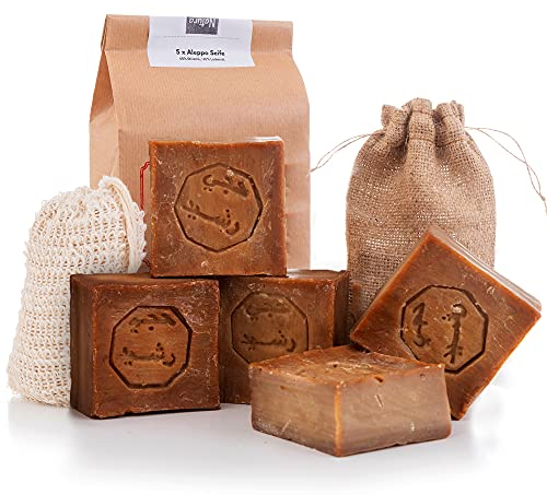 Natura Germania® Aleppo Seife 5x 60% Olivenöl, 40% Lorbeeröl + Sisal Seifensäckchen | - Haarseife, Naturseife, Duschseife | Handarbeit + Vegan