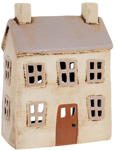 Village Pottery Charmanter Keramik-Teelichthalter in Beige – Keramikhaus-Kerzenhalter, Ornament, gemischte Erdtöne