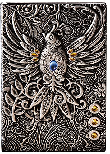 YHH Carnet de Notes A5 Ligné 200 Pages, Cahier de Voyage Cuir Vintage, Couverture Rigide, Beau Journal Intime Notebook Lined, Fait à la Main, Ancien, Cadeau Enfant Adulte, Phénix1 Magique, Argent