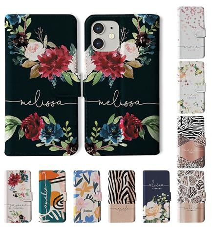 Tirita Personalised Wallet Phone Case for iPhone 12 & 12 Pro With Card Holder – Leather Flip Case or Cover With Custom Name – Cute Personalised Gift for Women [07. Black Floral English Roses]